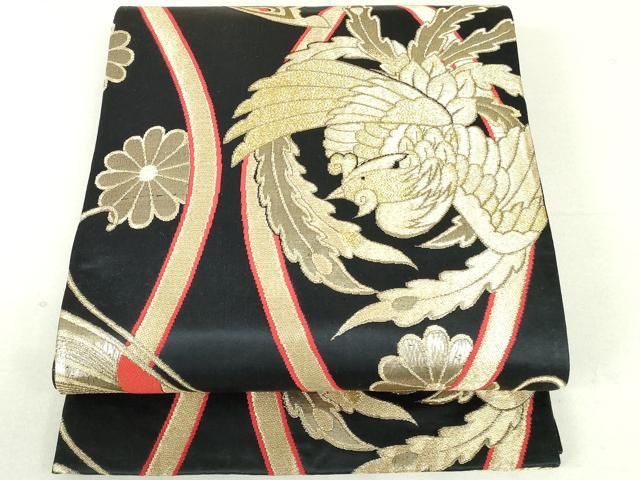 平和屋着物◎六通柄 京袋帯 立涌舞蝶花鳥文 黒地 金糸 正絹 逸品