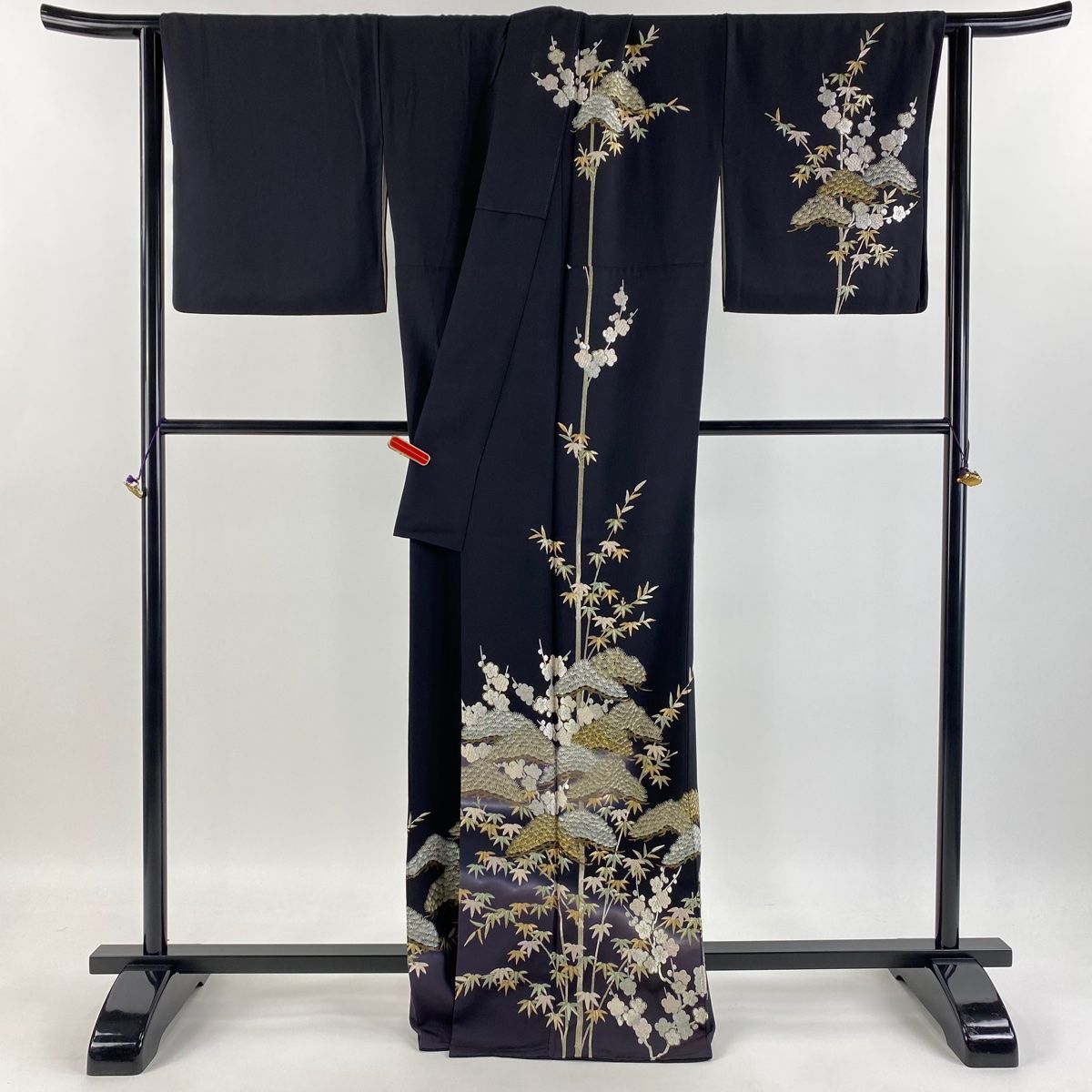 訪問着 身丈169cm 裄丈69cm L 袷 松竹梅 刺繍 金糸 黒 正絹 逸品