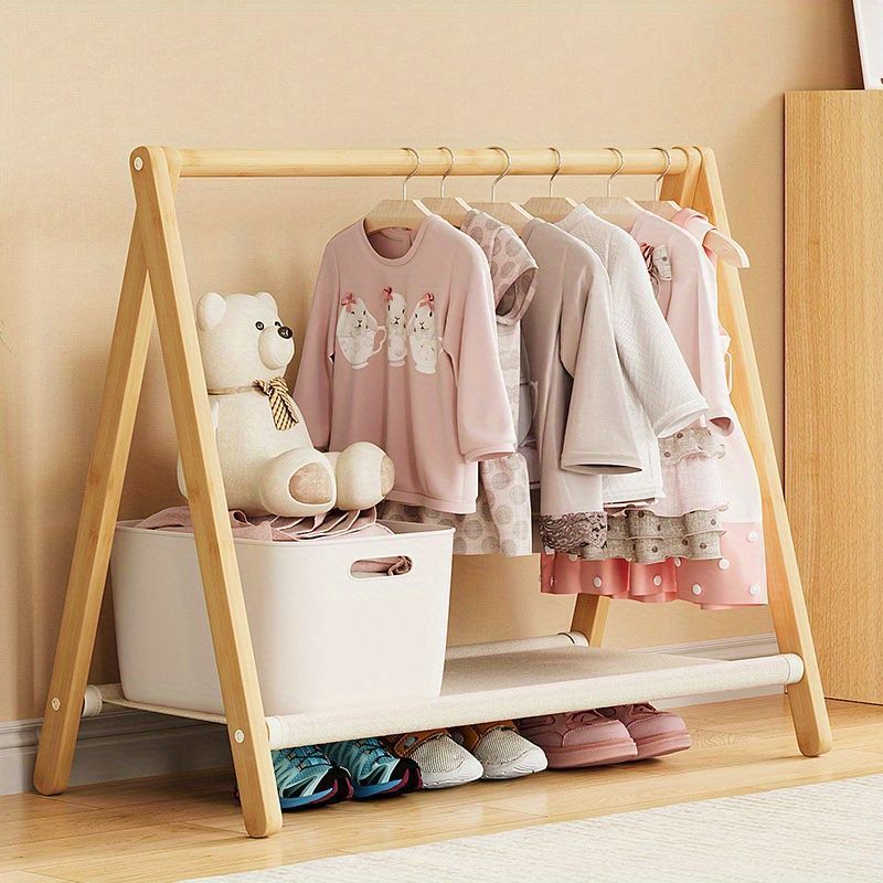 収納 ハンガーラック 木製 子供 子ども 子供服ハンガーラック 収納棚付き 折りたたみ式 子供用ドレスアップオーガナイザー 幼児 ペットの服用のダブルロッド付き 子供部屋 ベビー服 おもちゃ ぬいぐるみ収納 木 ナチュラル
