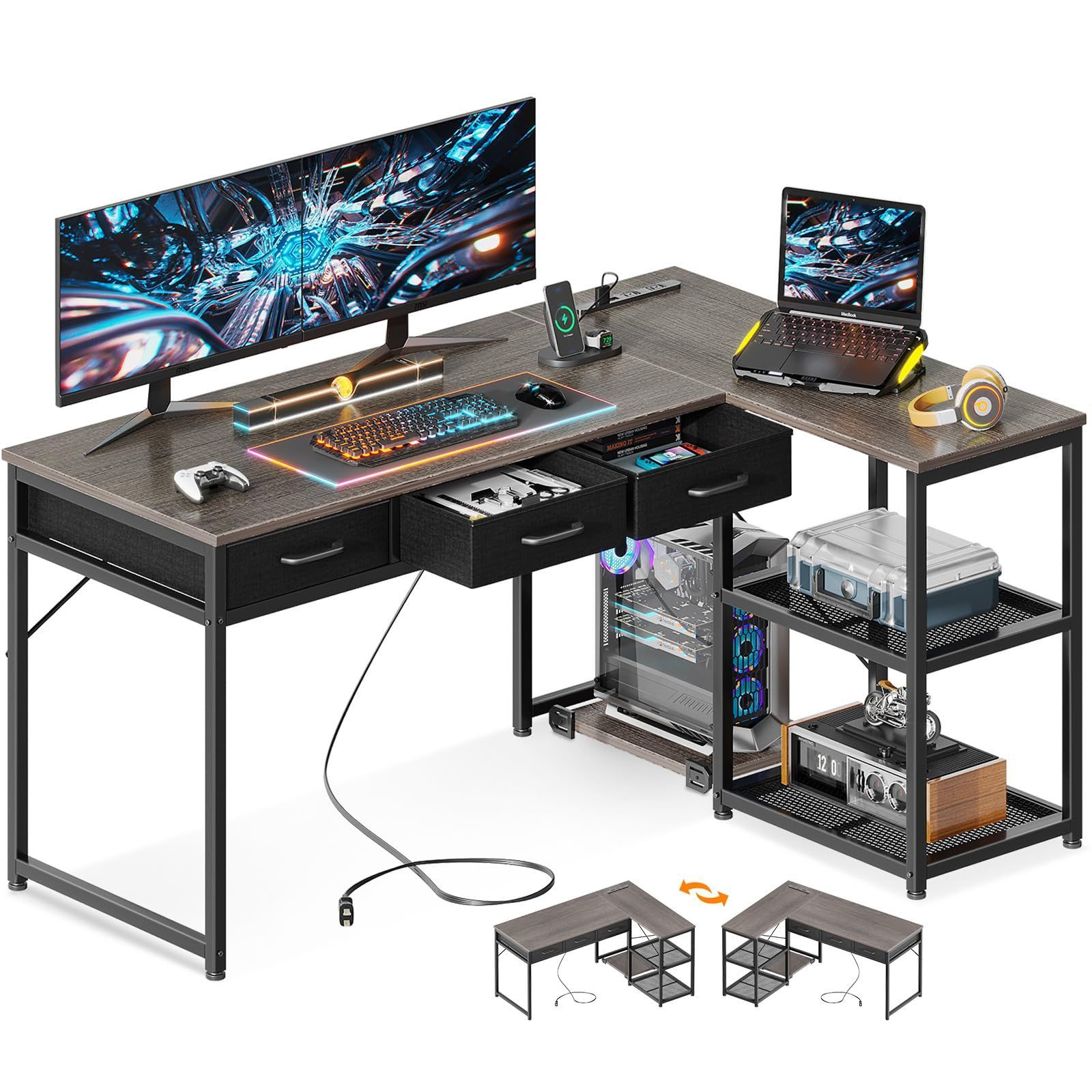 在宅勤務 オフィスデスク desk 仕事用 収納 棚付き pcデスク 幅135 組立簡単 机 デスク l字デスク コンセント付き グレー パソコンデスク 引き出し3杯 ゲーミングデスク ODK