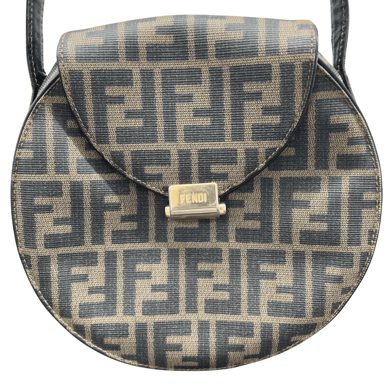FENDI ズッカ ラウンド ショルダーバッグ FFロゴ 丸型 メッセンジャーバッグ ブラウン ブラック マンマバケット フェンディ Bランク 鑑定済