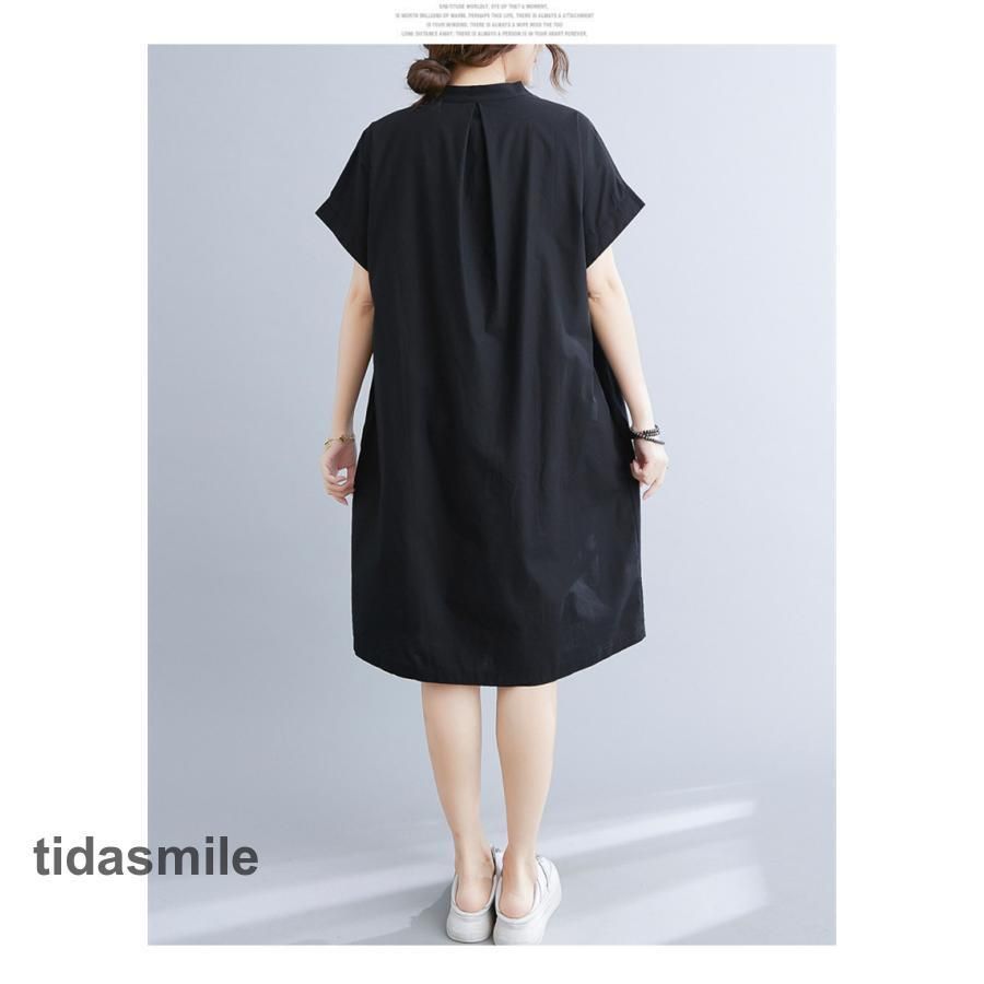 ワンピース チュニック シャツワンピース ロングシャツ 無地 半袖 レディース uネック 夏 白シャツ ホワイトシャツ 膝丈 ロング aライン 体型カバー 30代 40代