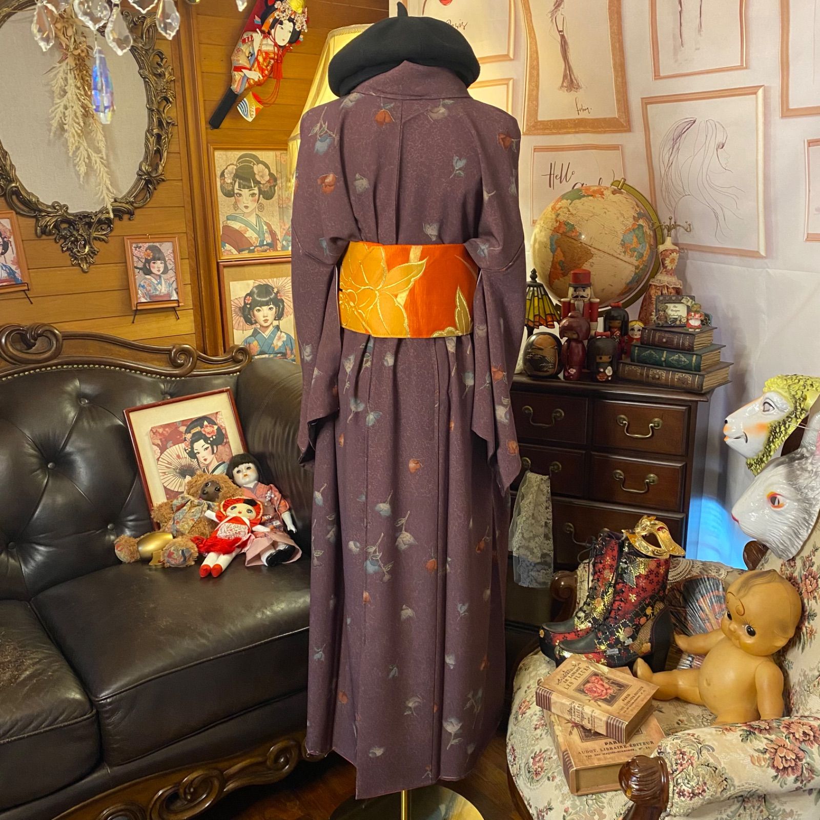 着物リメイク ロングワンピース ドレス 洗える 化繊 名古屋帯サッシュ 