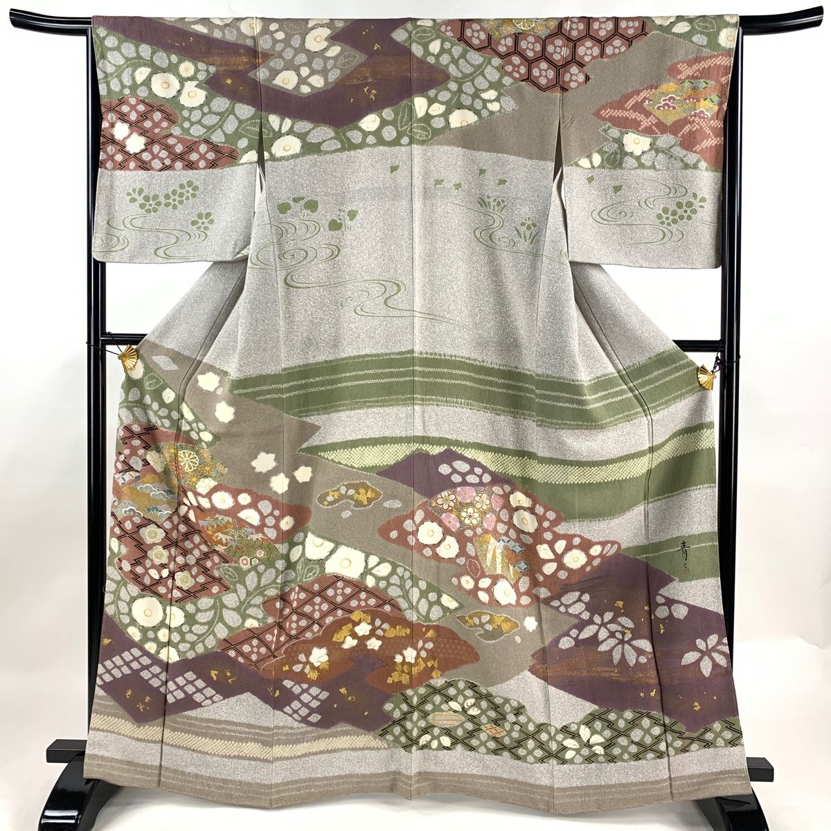 訪問着 身丈165cm 裄丈66cm M 袷 松井青々 落款 松竹梅 松皮菱 金彩  