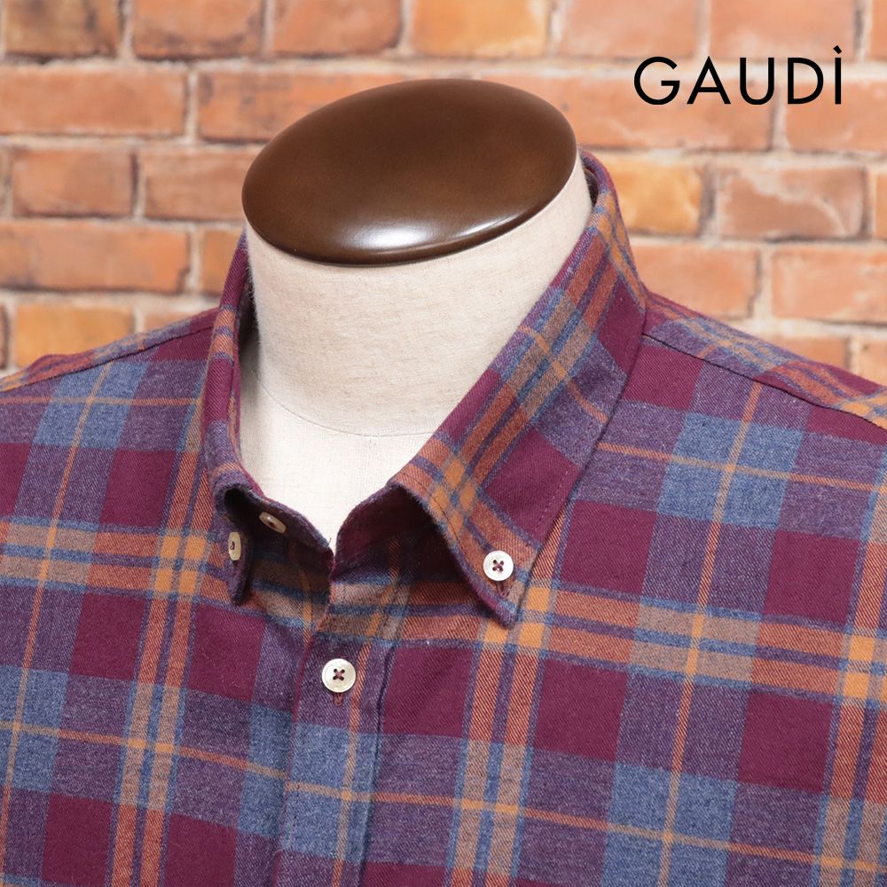 25AW|GAUDI|Lサイズ|長袖ネルシャツ C521GU45025 イタリア製 ボタンダウン タータンチェック 綿100％ インポート 今季 メンズ 紳士 ガウディ |赤|ボルドー|mc320|