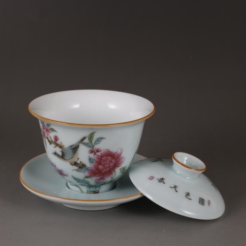 中国茶器 パステル茶花の浮彫り三才蓋碗 新品未使用