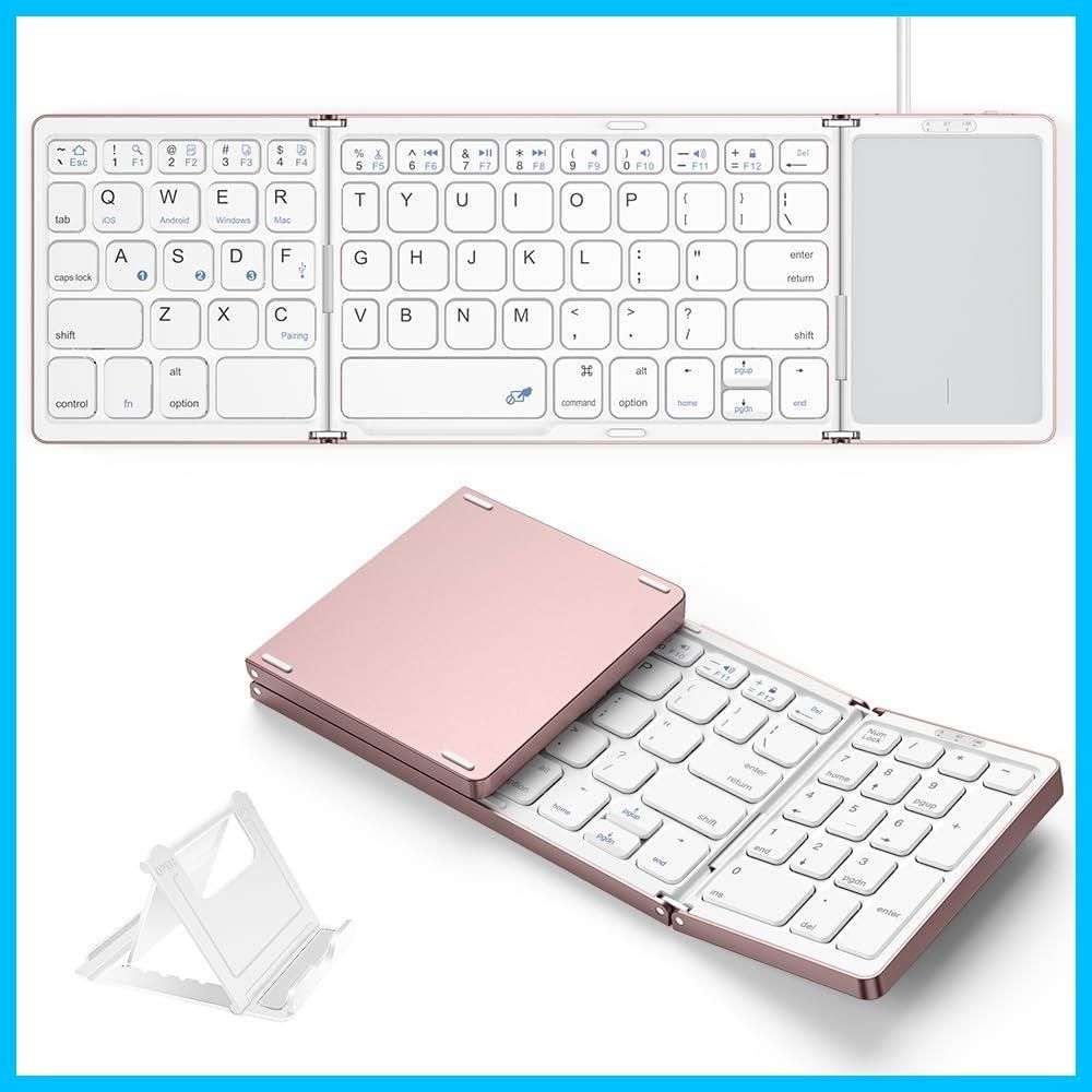 Omikamoキーボード ワイヤレス 折り畳み式 ipad/iphone キーボード 有線 大型タッチパッド付き bluetooth キーボード 英語配列 3台デバイス使用 Windows/Mac/iOS/Android対応 静音 ミニ 小型 薄型 コンパクト