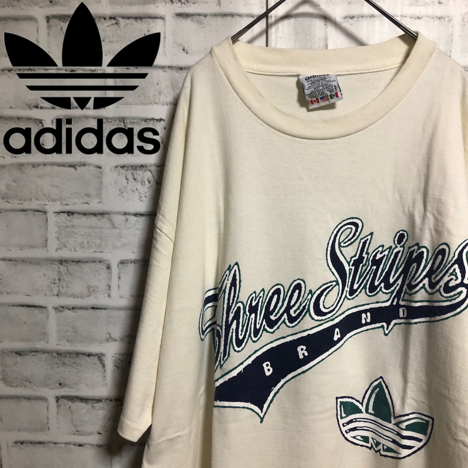 希少XXL⭐️80s adidas ビッグトレファイルロゴ Tシャツ Three Stripes Brand vintage ベージュ×緑青