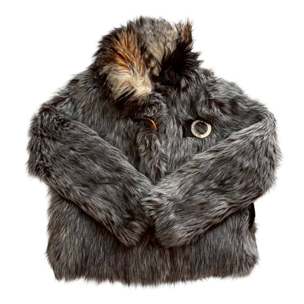 EMPORIO ARMANI エンポリオ アルマーニ ファーコート グレー 茶 1NB35T 19904 フェイクファー アウター 上着 毛皮 カラビナ レディース サイズ40 Lサイズ