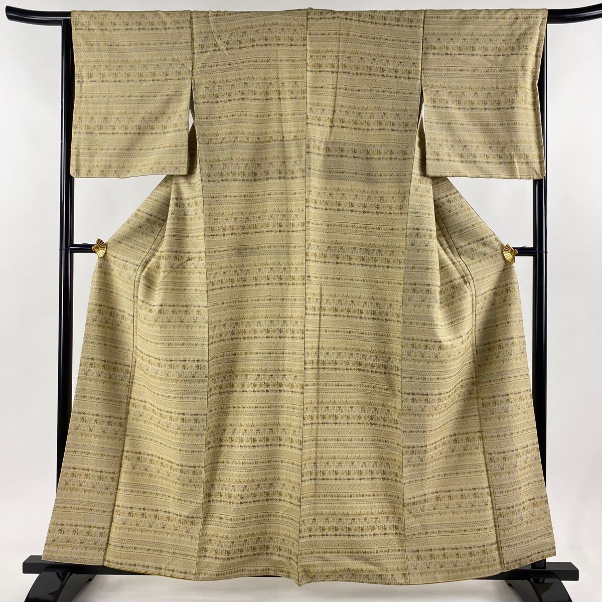 紬 身丈158.5cm 裄丈65cm M 袷 菅原結 漢方染 落款 縞 象 黄土色 正絹