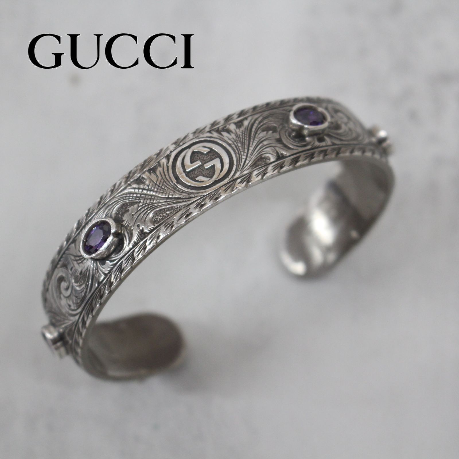 S449)GUCCI キャットヘッド 925 アメジスト バングル シルバー