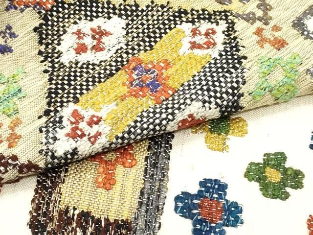 平和屋着物○八寸名古屋帯 紬地 総刺繍 幾何学花菱文 正絹 逸品
