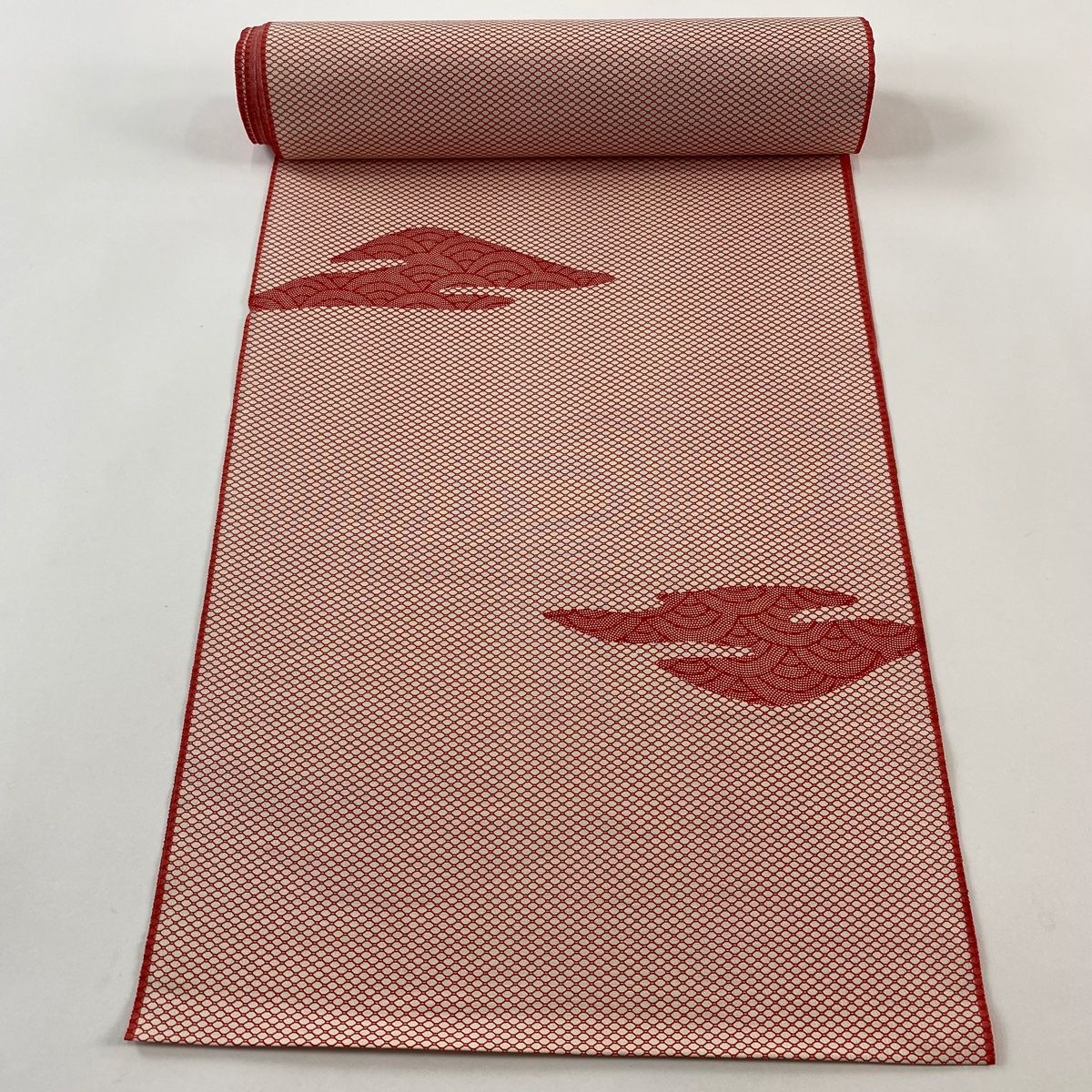 反物 秀品 小紋 波 幾何学模様 朱色 正絹