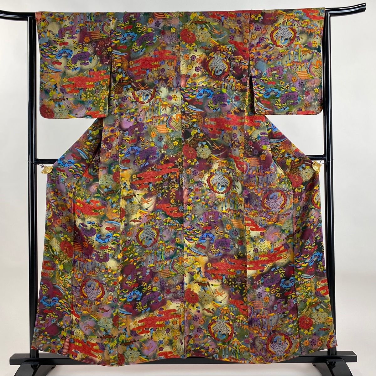 小紋 身丈157cm 裄丈64.5cm M 袷 鶴 草花 縮緬 ぼかし 紫 正絹 秀品