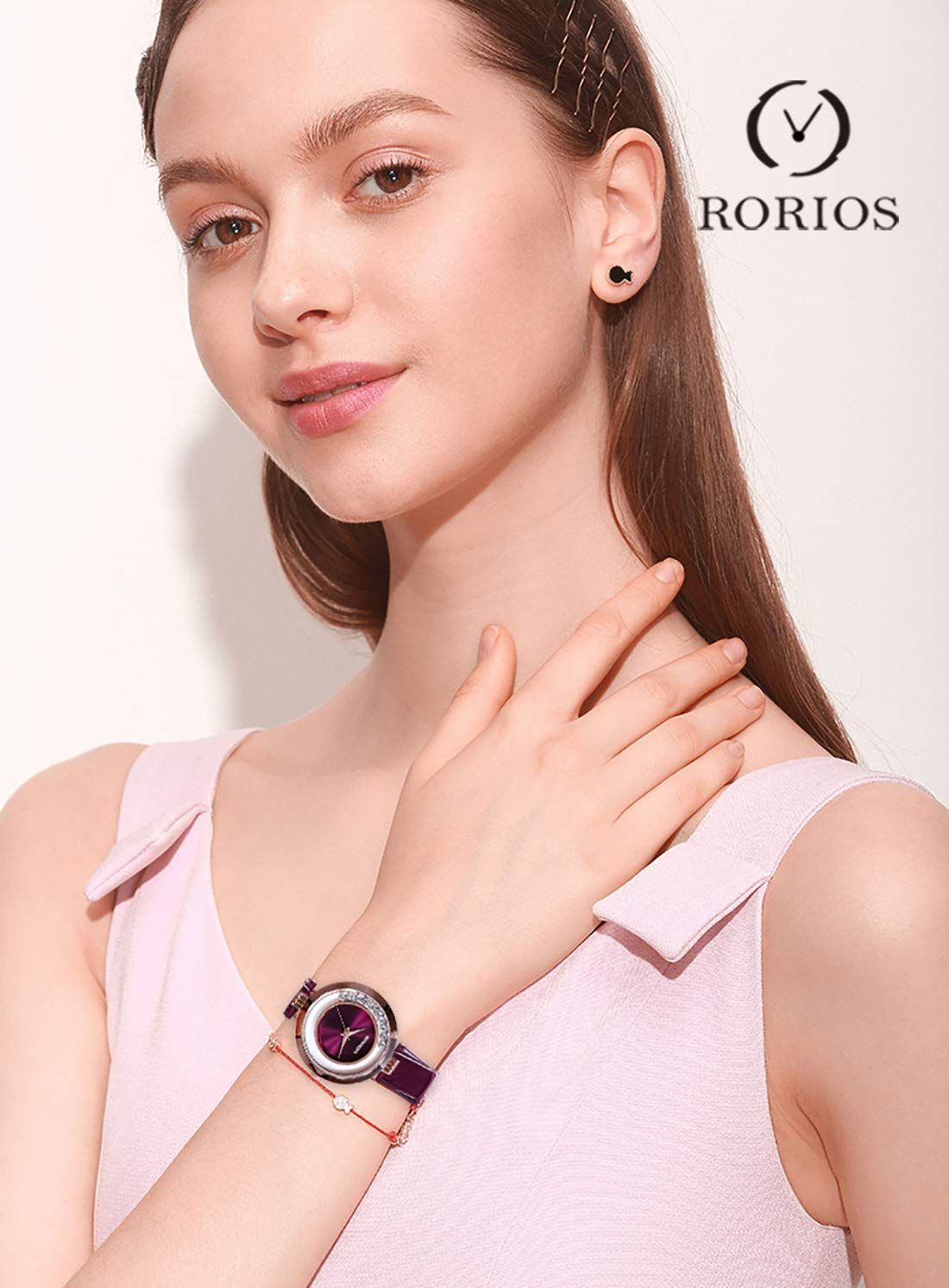  パープル ウォッチ ベルトタイプ アナログ表示 クォーツ レディース 時計 丸い ファッション 防水 本革 クリスタル キラキラ 女の子 腕時計 RORIOS 腕時計 キッズファッション小物