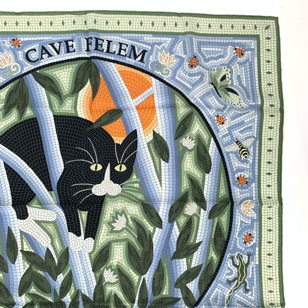 美品 HERMES エルメス カレ90 CAVE FELEM 猫に注意 マルチカラー