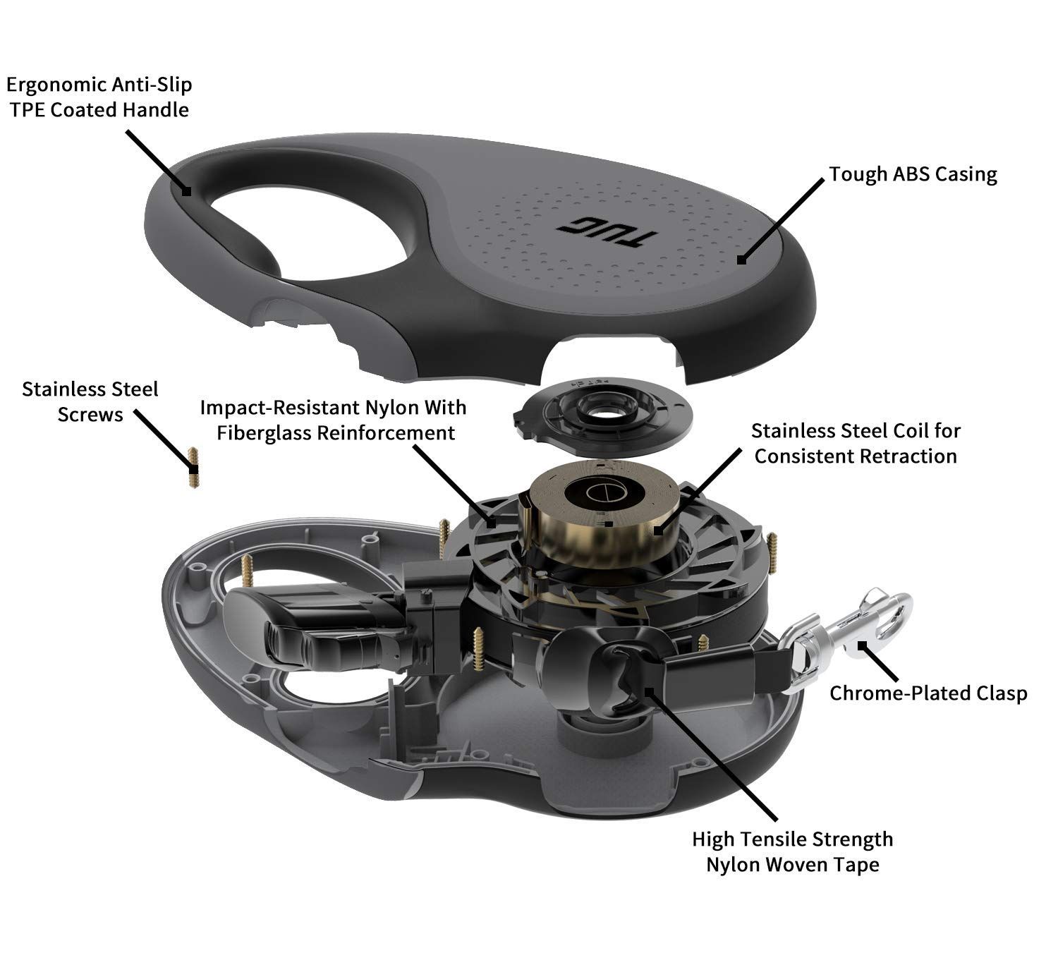 人気商品 TUG 360°絡まない格納式犬用リード 最大50kgの犬に対応 | 5m 強力ナイロンテープ|リボン | 片手ブレーキ|一時停止|ロック Lサイズ グレー