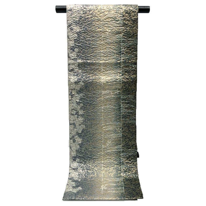 京やJ235 正絹 袋帯 全通袋帯 ふくれ織 花文様 グレー 金糸 銀糸 フォーマル～カジュアルまでOK 仕立て上がり リサイクル着物