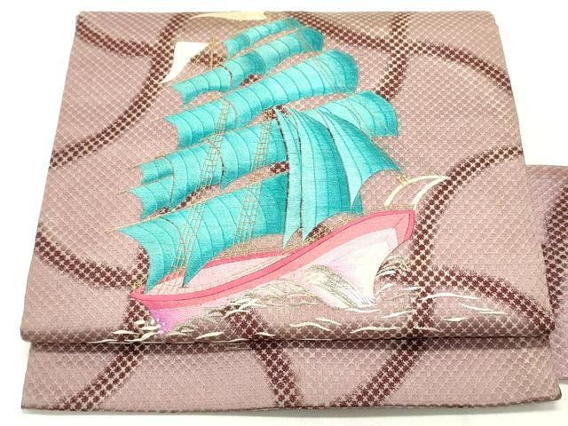 平和屋着物●アンティーク 大正ロマン 九寸名古屋帯 総手刺繍 立波帆船文 銀糸 正絹 DAAY0140ob