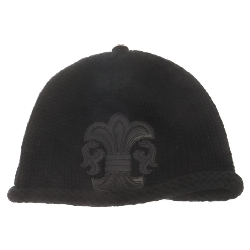 CHROME HEARTS (クロムハーツ) BEANIE CASH レザーパッチビーニー BSフレアパッチフレアボール付きカシミヤニットキャップ 帽子 ブラック