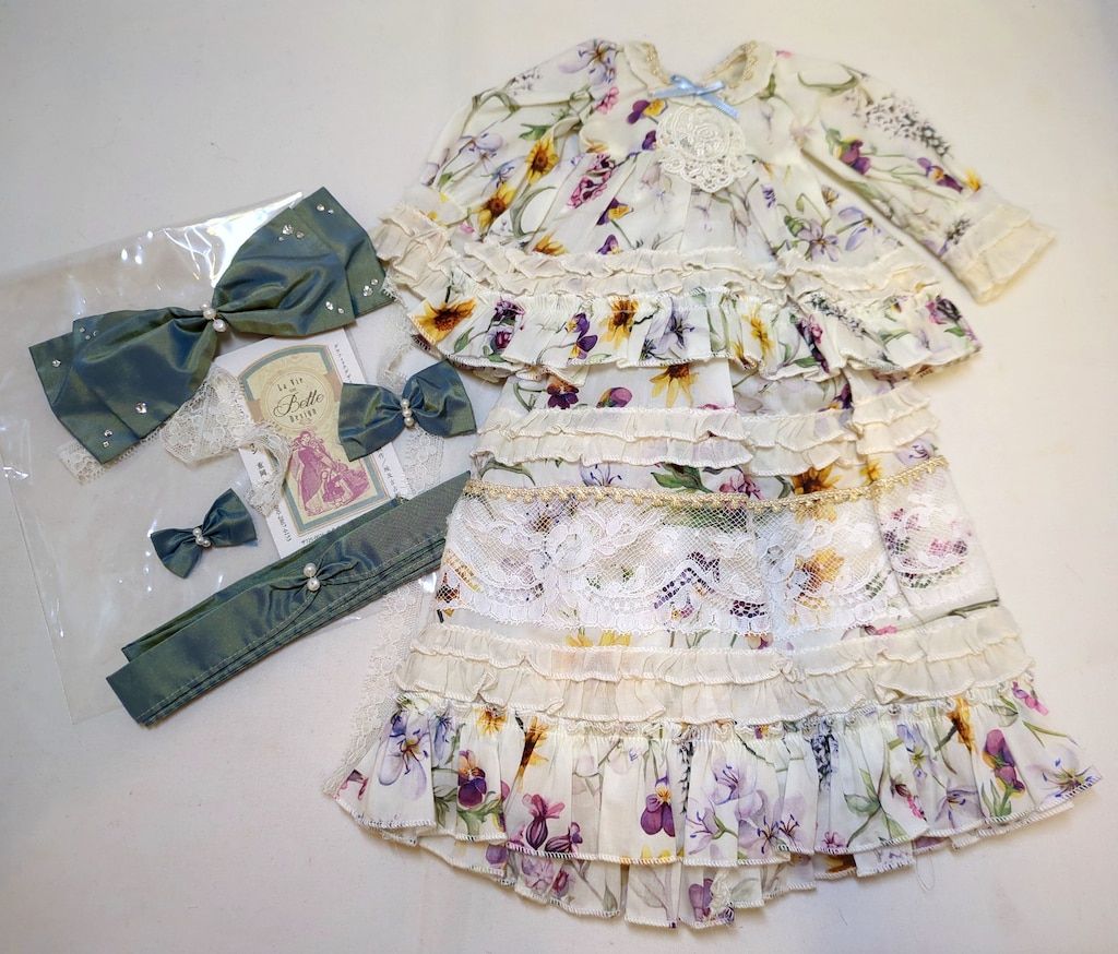 ancienne ドール衣装 MSDサイズ 花柄ドレス 白 グリーンリボン
