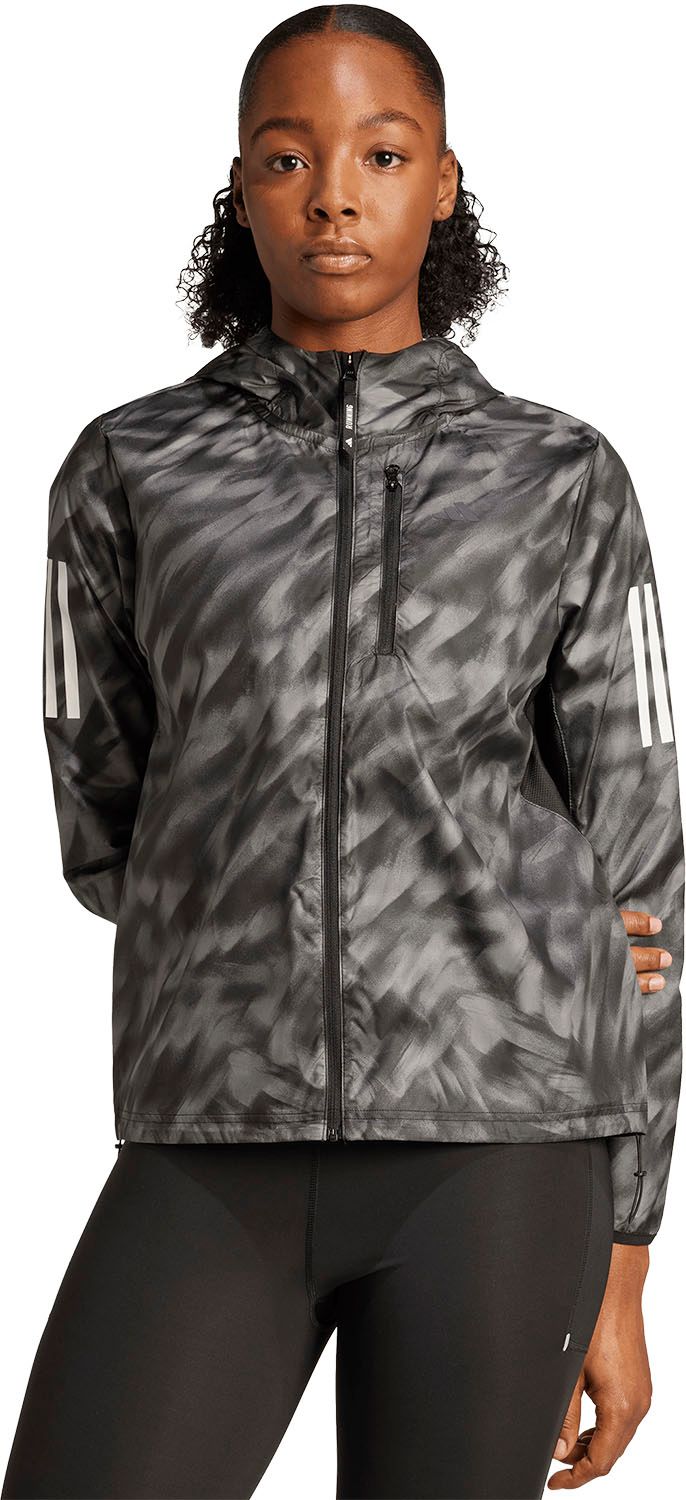 明瞭な アディダス adidas オウン ザ ラン総柄プリントジャケット KRI50 JL8701 グレーフォー|ブラッ