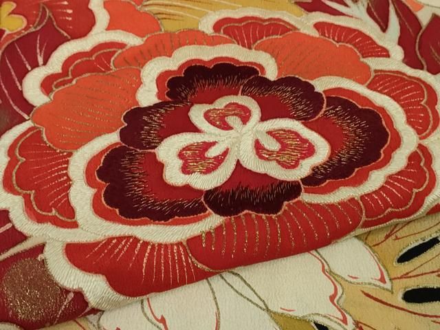 平和屋着物□極上 アンティーク 大正ロマン 振袖 刺繍 檜扇花薬玉 黒地