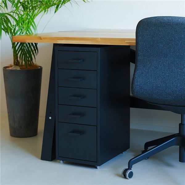 くらしのストレージワゴン5段 ブラック|黒 オフィス デスクワゴン スチール キャビネット デスクサイド 引出し モダン 事務所 書類収納 サイドワゴン 収納 韓国インテリア 組立品 NK-481