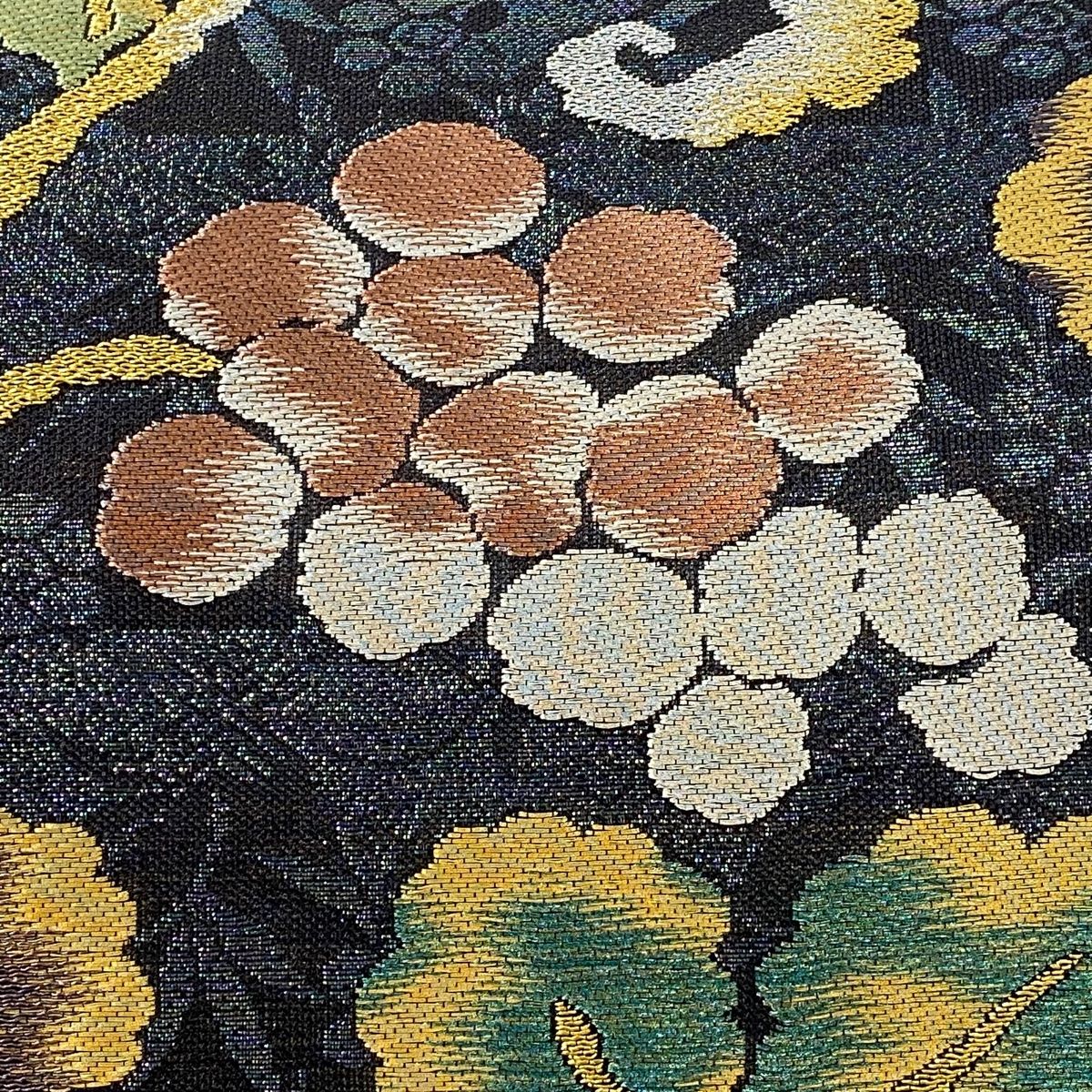 袋帯 美品 名品 葡萄唐草 花菱 金銀糸 箔 黒 六通 正絹 【中古