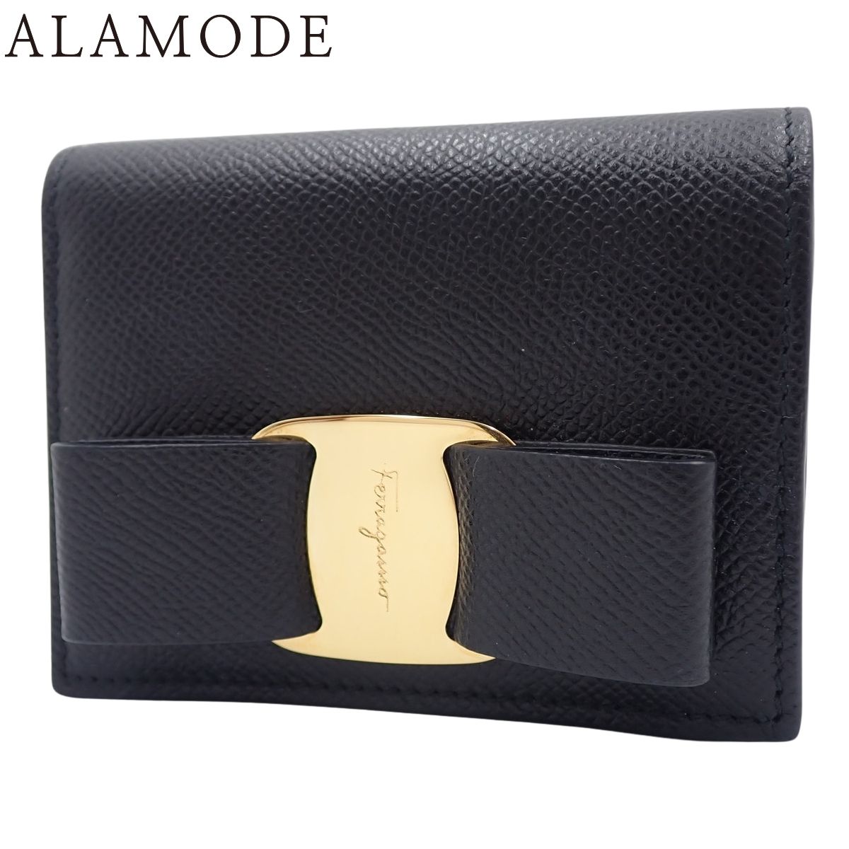 Salvatore Ferragamo フェラガモ ヴァラリボン 二つ折り財布 コンパクトウォレット 2つ折り 折りたたみ財布 小物 カーフ NERO ネロ ブラック黒 ゴールド金具 22-D515 レディース 40802157994 アラモード