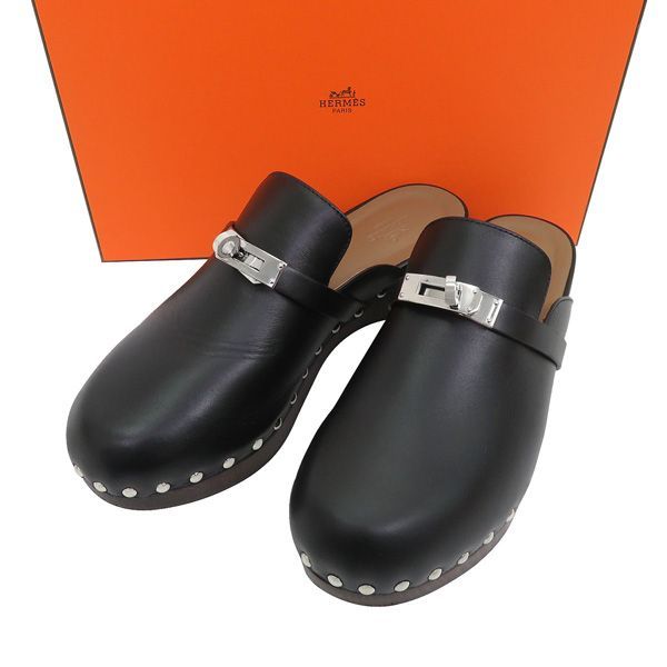 サイズ38 HERMES エルメス carlotta カルロッタ ケリー ミュール サンダル 24.5cm 黒 レザー ウッド サボ 47360