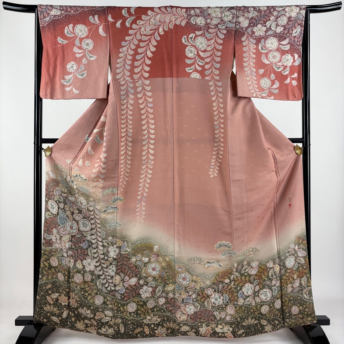 ☆大正ロマン銘仙☆大変艶のある五角形椿模様のしつけ糸付き高級銘仙