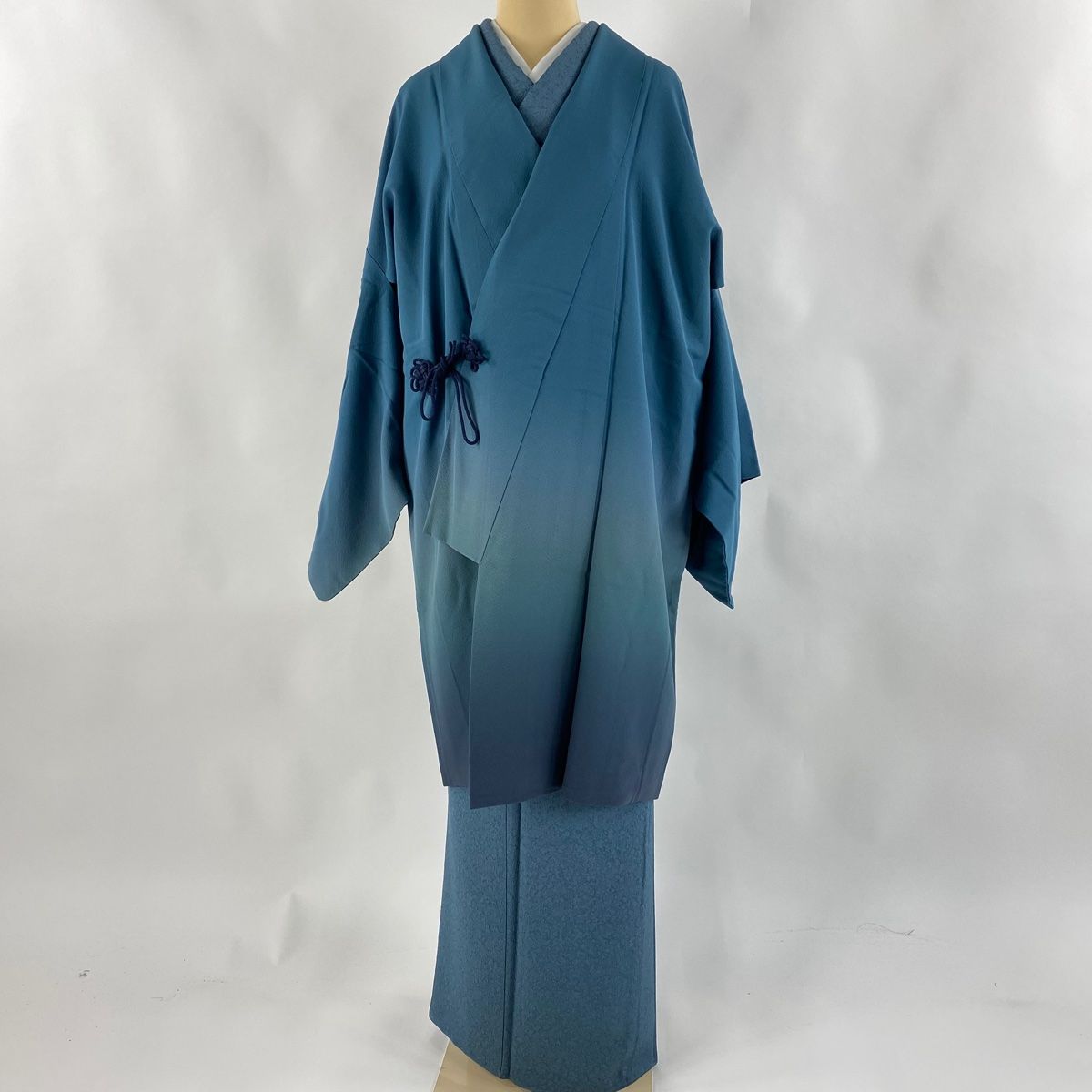 道中着 身丈101cm 裄丈66cm M 和装コート 着物衿 ぼかし柄 青緑 正絹 名品