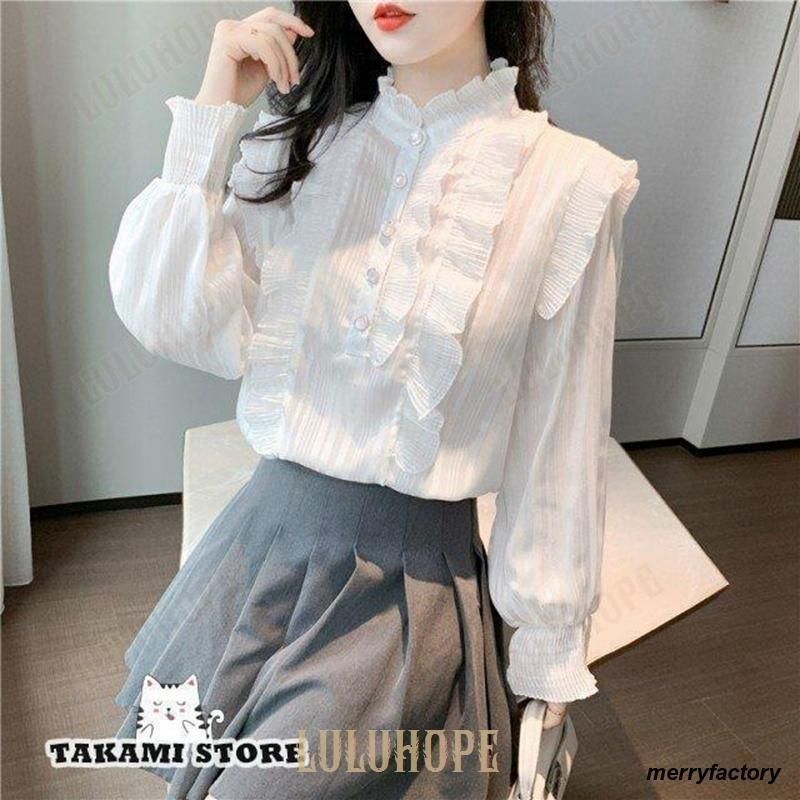 フリル襟ブラウス 長袖 立ち襟 フリル ブラウス レディース シャツ  