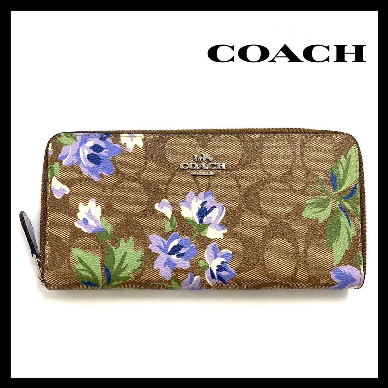 COACH】シグネチャー 花柄 長財布 ベージュ パープル/紫 レザー 