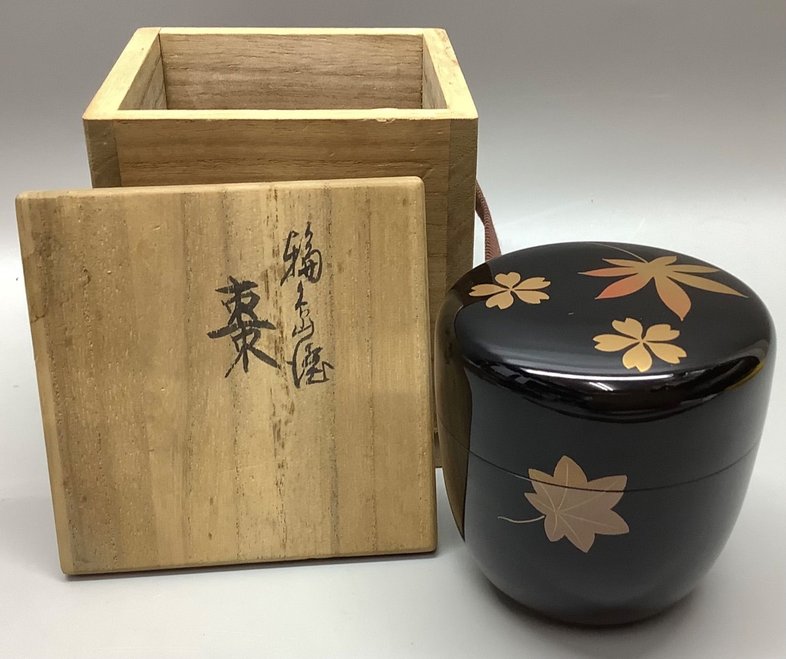 w 松香作 棗 もみじの図 金蒔絵 茶入 茶器 秋 共箱 共布 漆器 黒 茶道具 骨董