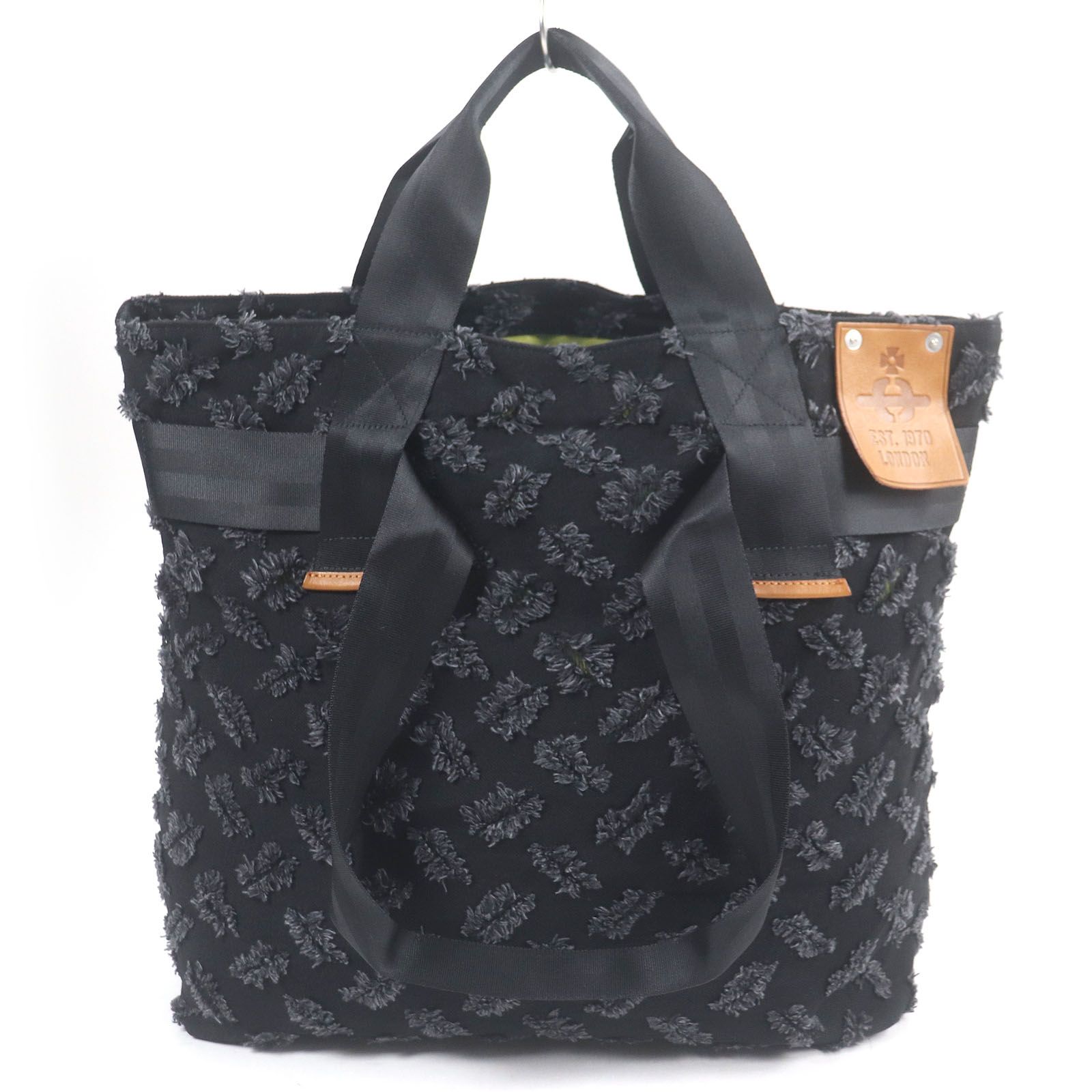 □Vivienne Westwood ヴィヴィアンウエストウッド レザーパッチ付き 2WAY 大型 キャンバス トートバッグ ハンドバッグ ブラック メンズ