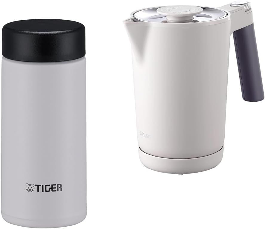 じかんさゆ 時間差白湯 セット タイガー 200ml スクリューステンレス水筒 スノーホワイト-1.0L 温度調節機能付き電気ケトル スレートグレー