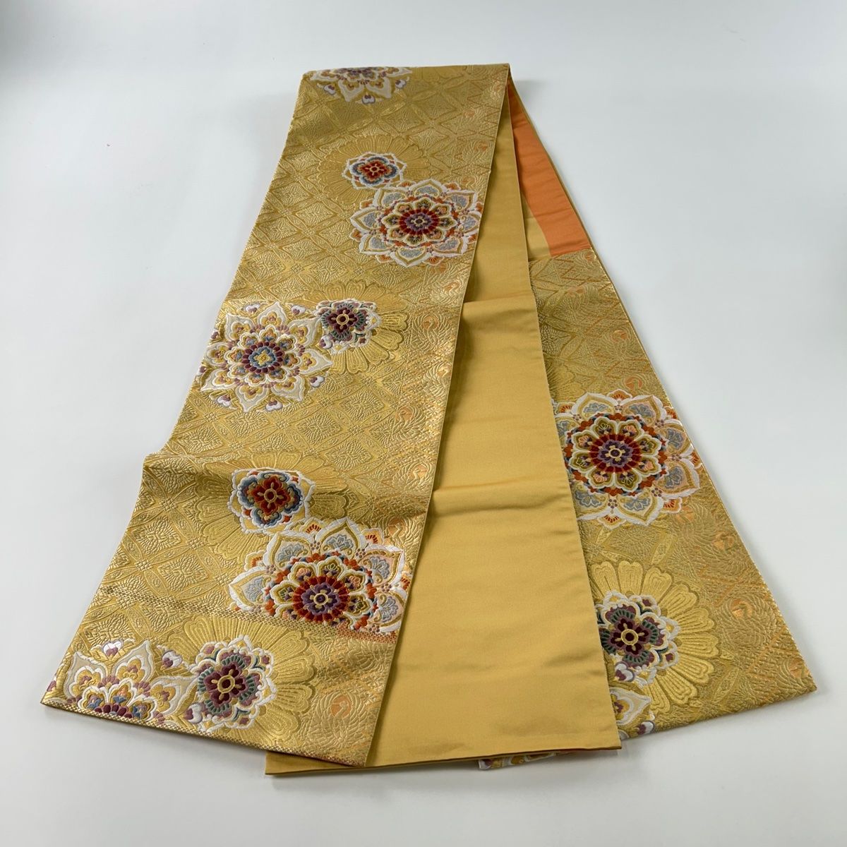 袋帯 秀品 関西仕立て 華文 鳥 金糸 箔 金色 六通 正絹 【中古