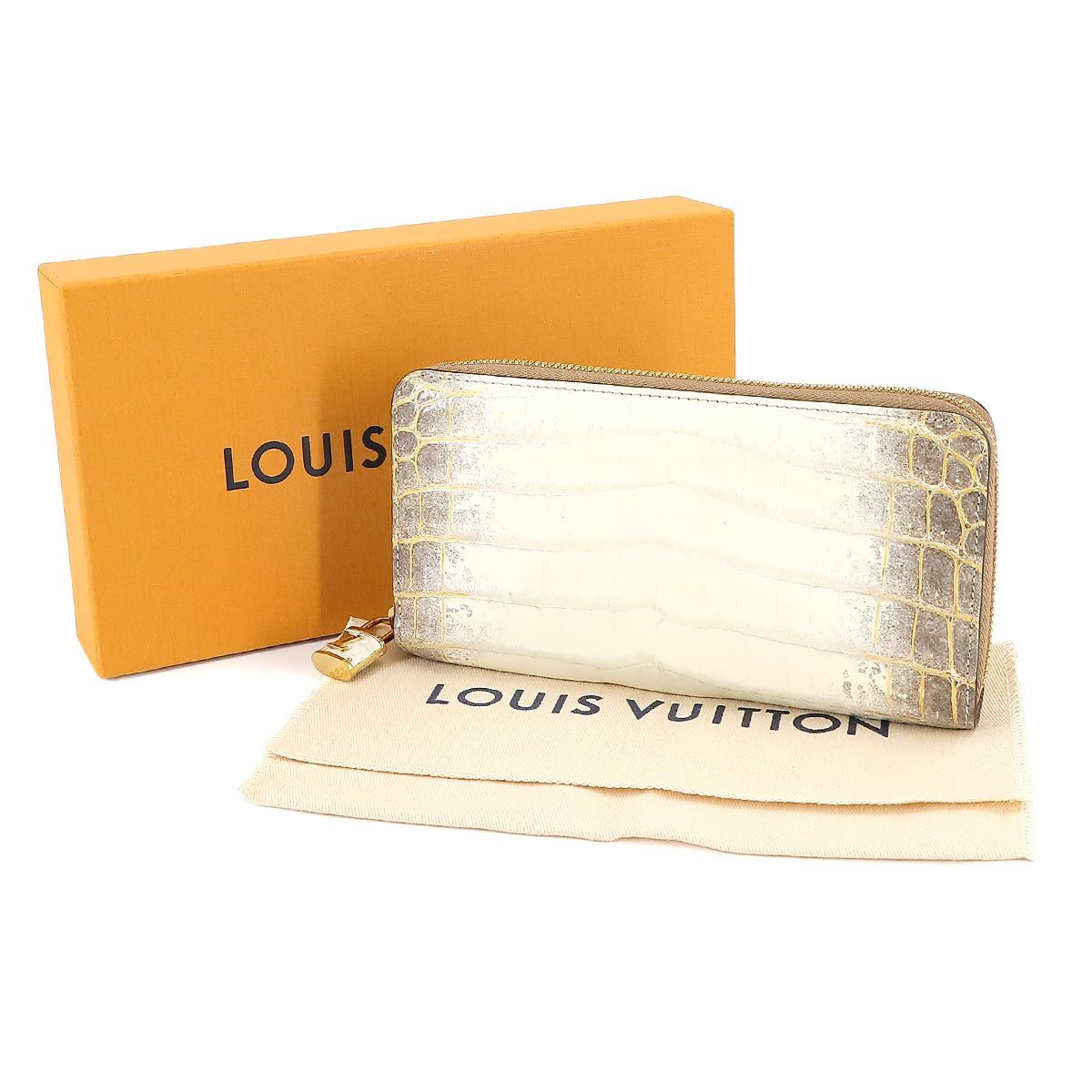 新品同様 ルイ ヴィトン LOUIS VUITTON クロコダイル ジッピー ウォレット 長財布 エキゾチックレザー ホワイト ブラウン 90237245