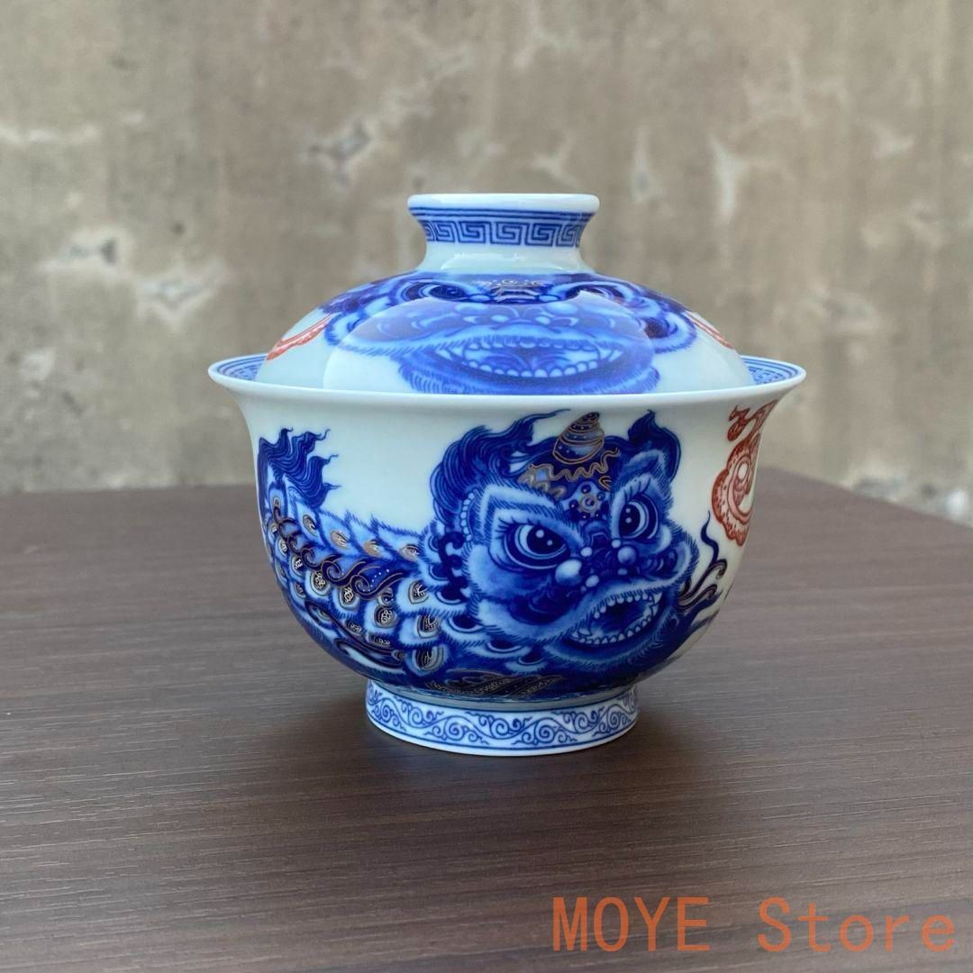景徳鎮七丞堂陶磁青花釉里紅双獅滾繡球二才蓋碗 茶碗 煎茶器 新品未使用 景徳鎮七丞堂陶磁青花釉里紅双獅滾?球二才蓋碗 茶碗 煎茶器 新品未使用