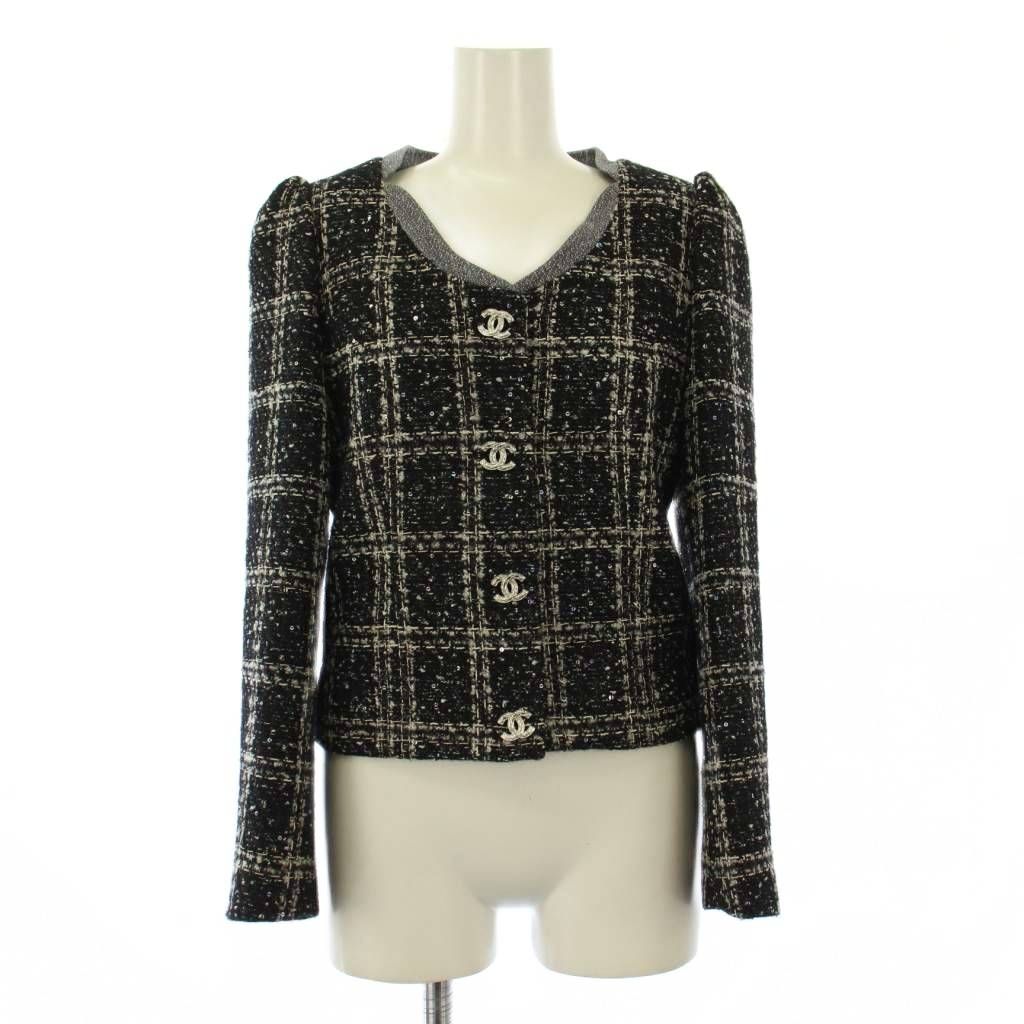 シャネル CHANEL uniform ノーカラージャケット アウター ショート丈 ツイード スパンコール ココボタン ココマーク ロゴ ウール シルク 36 黒 ブラック |BB