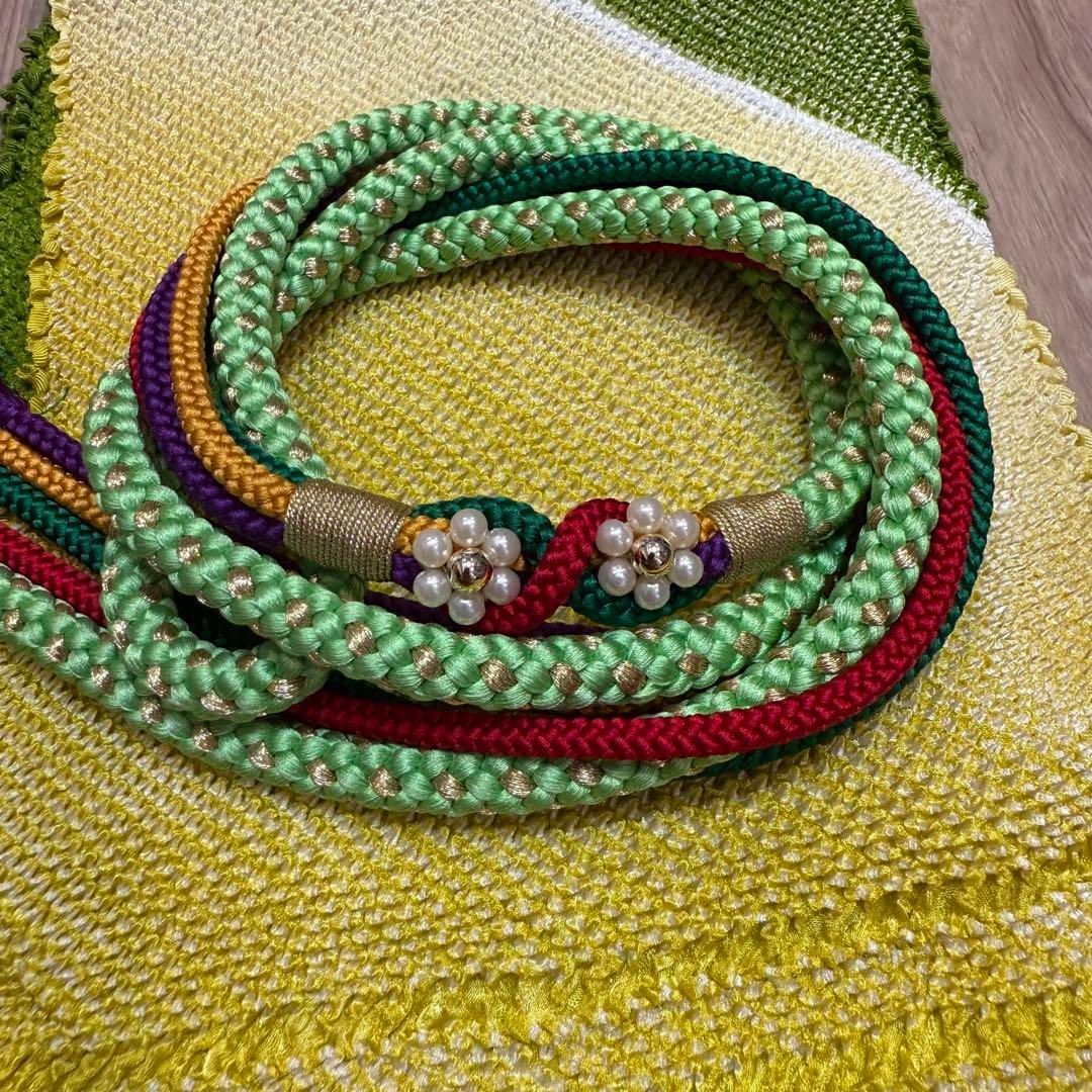 超美品 正絹 振袖用 帯揚げ 帯締め 飾り紐3点セット 緑 黄緑