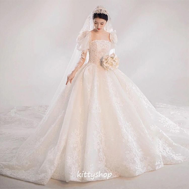 ウェディングドレス 袖あり 結婚式ドレス トレーンドレス ホワイトドレス 海外挙式 花嫁ドレス 長袖 パフスリーブ エレガント キレイめ