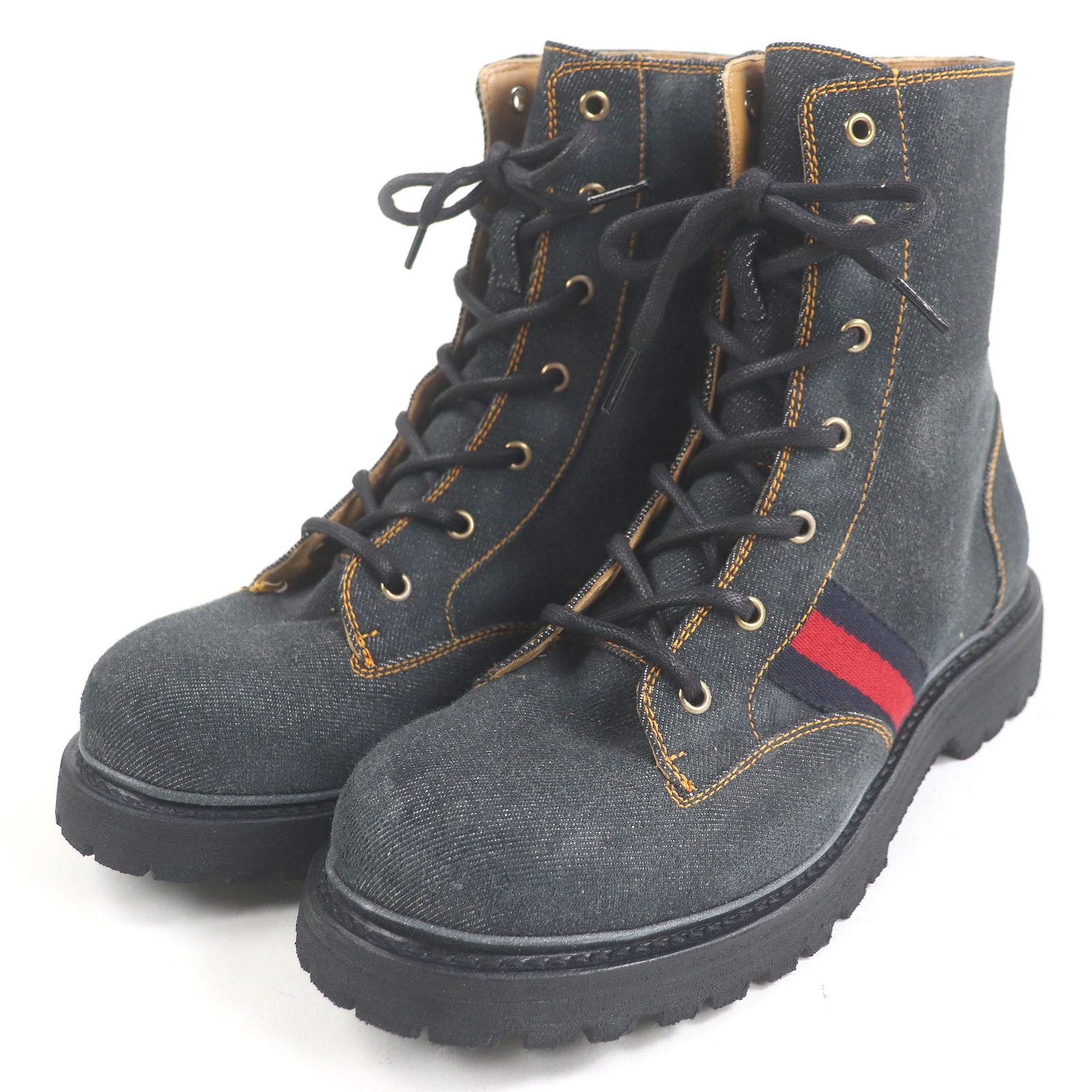 □GUCCI グッチ 761989 レザー ウェブライン サイドジップ デニム アンクルブーツ インディゴブルー 8 箱 保存袋付き イタリア製 メンズ