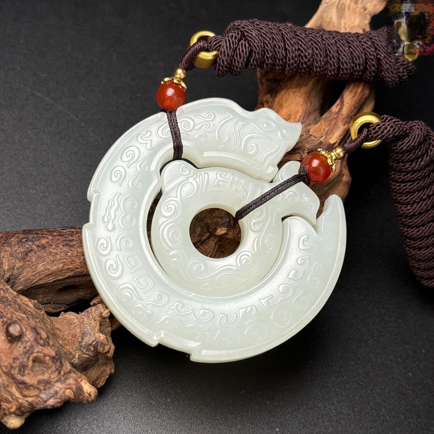 旧家蔵出し 和田玉細密彫 極品白玉 龍鳳呈祥紋 玉璧 根付 裝身具 置物