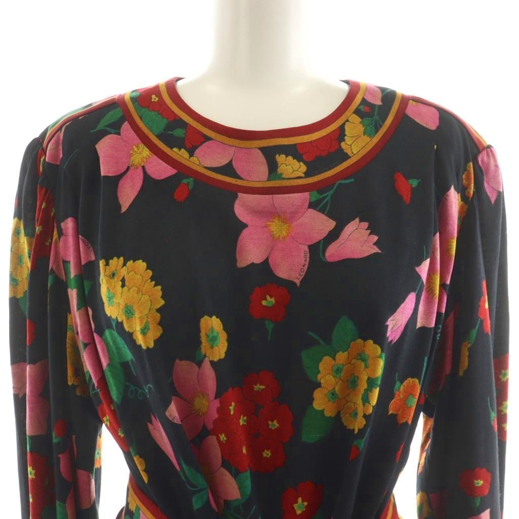 【美品】レオナール　マキシ丈　シルク混　花柄　ワンピース　長袖　トリム 美品 レオナール シルク100％ 長袖 花柄 ブラック ロング