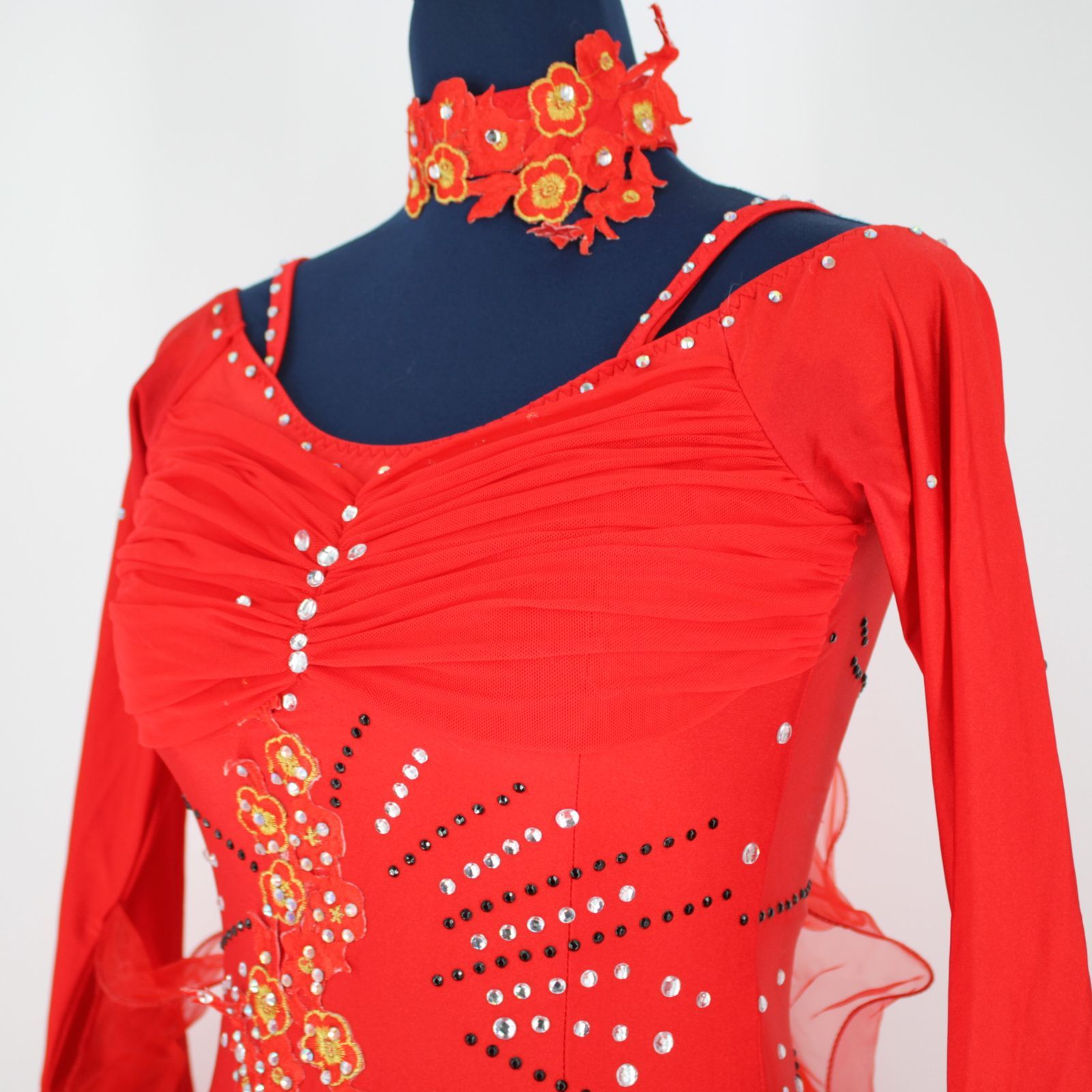 赤レース ロングダンスドレス チョーカー付きＬサイズ 社交ダンス衣装 レディース モダンダンス ワンピース ロングスカート