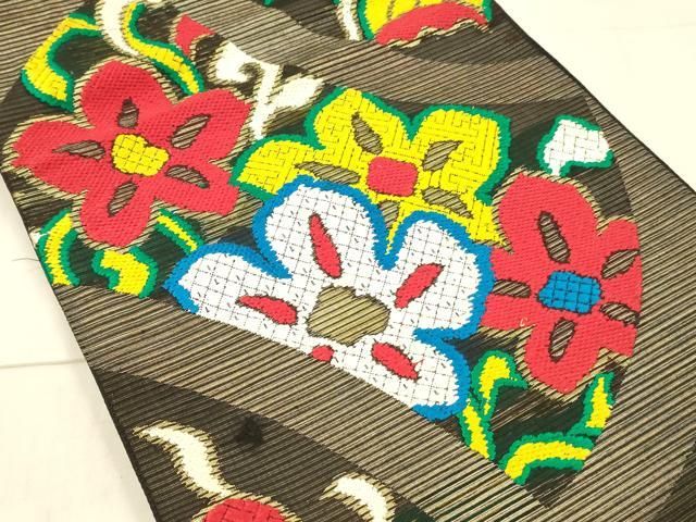 平和屋着物*夏物 アンティーク 大正ロマン 六通柄袋帯 唐織 花唐草文 黒地 金糸 正絹 DAAX5931cm