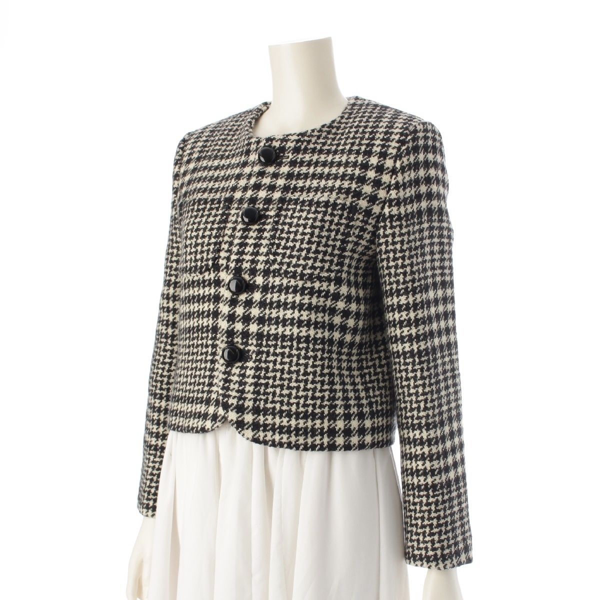 CELINE - セリーヌ 24AW ウール×ナイロン グレンチェック ツイード ノーカラージャケット アウター 2V44X391Z.97IR ブラック×ホワイト 36【中古】 セリーヌ 24AW ウール×ナイロン グレンチェック ツイード ノーカラー